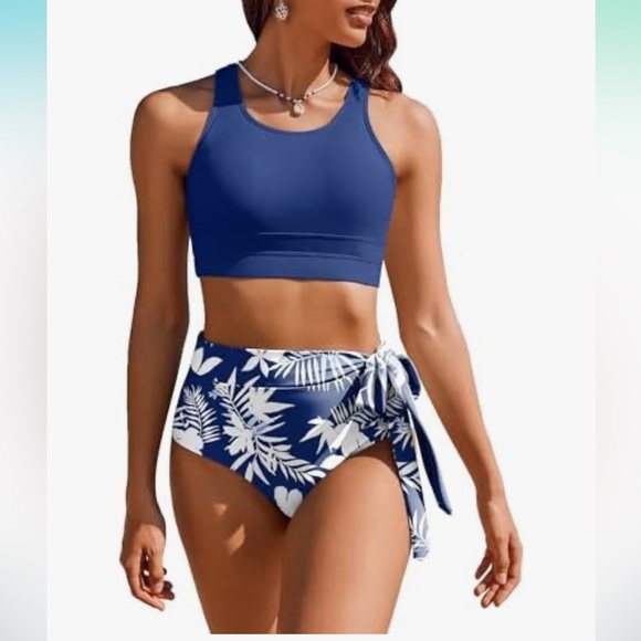 AI'MAGE High Waisted 2 Piece Side Knot Scoop Neck Racerback Swimsuit nwt - Picture 1 of 7
